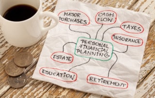 A napkin with personal financial planning terms doodled on it. It's on a wooden table next to coffee and some change.