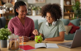 Mother and her teenage son saving money in piggy bank